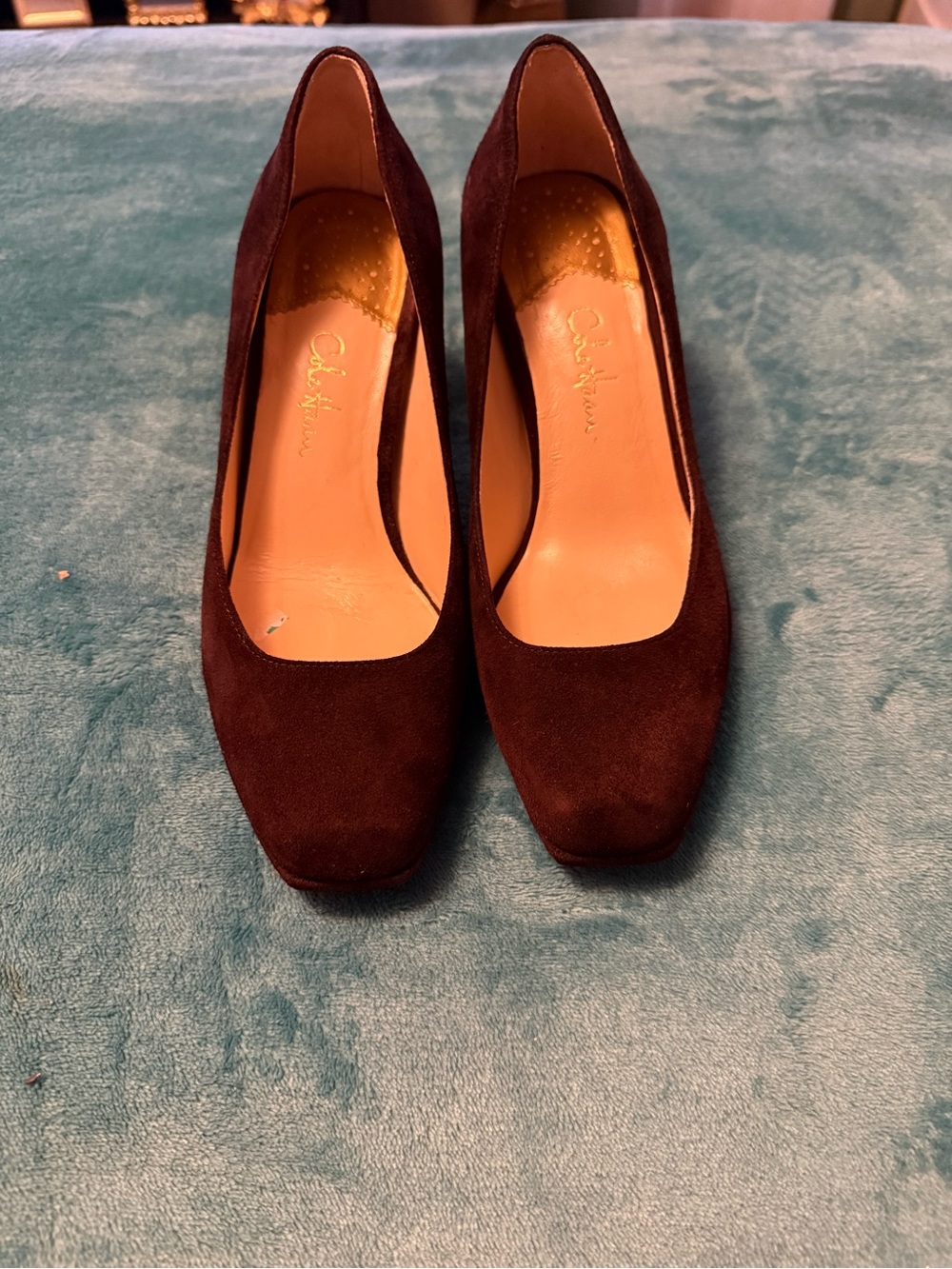 Cole Haan Dark Brown Suede Square Toe Pumps